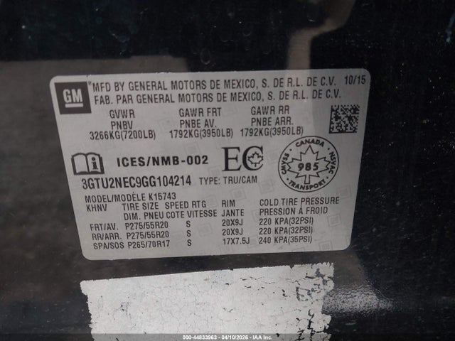 44833963 :رقم المزاد ، 3GTU2NEC9GG104214 vin ، 2016 Gmc Sierra 1500 Slt مزاد بيع