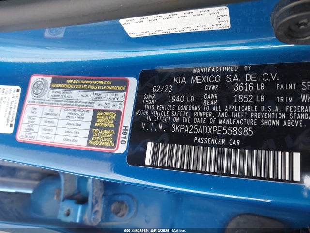 Продажа на аукционе авто 2023 Kia Rio 5-door S, vin: 3KPA25ADXPE558985, номер лота: 44833969