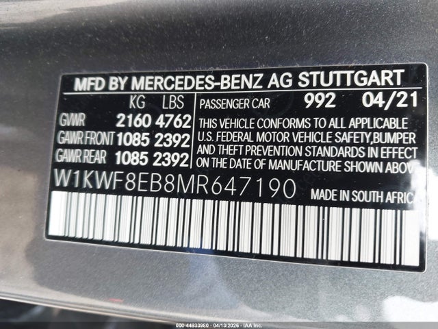 2021 Mercedes-benz C 300 4matic მანქანა იყიდება აუქციონზე, vin: W1KWF8EB8MR647190, აუქციონის ნომერი: 44833980