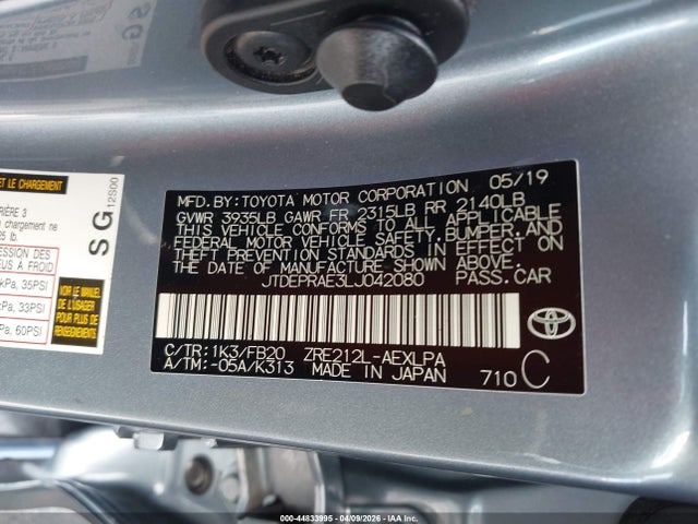 44833995 :رقم المزاد ، JTDEPRAE3LJ042080 vin ، 2020 Toyota Corolla Le مزاد بيع