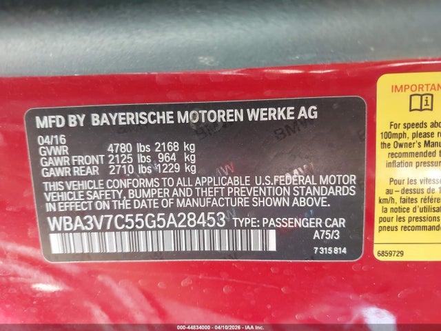 2016 Bmw 428i მანქანა იყიდება აუქციონზე, vin: WBA3V7C55G5A28453, აუქციონის ნომერი: 44834000