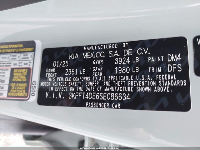 Продажа на аукционе авто 2025 Kia K4 Lxs, vin: 3KPFT4DE6SE086634, номер лота: 44834036