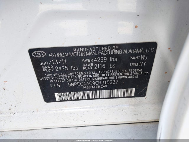 Продажа на аукционе авто 2012 Hyundai Sonata Limited, vin: 5NPEC4AC9CH315237, номер лота: 44834038