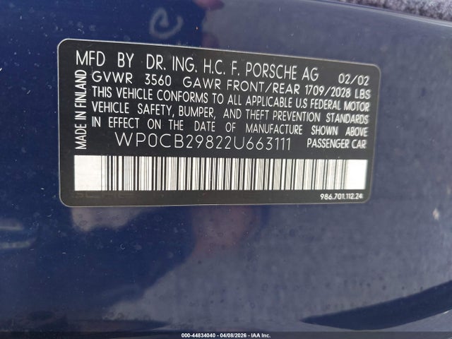 2002 PORSCHE BOXSTER WP0CB29822U663111 Photo 8