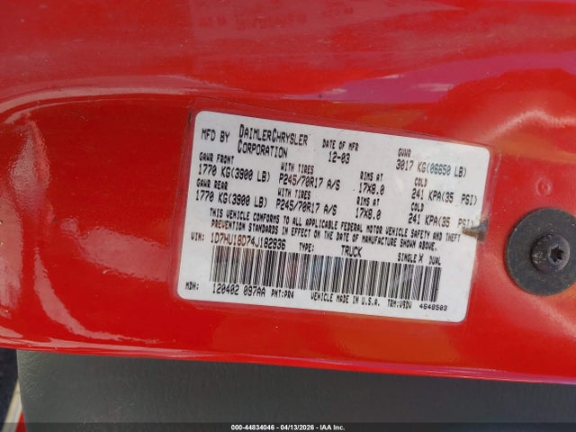 Aukcja sprzedaży 2004 Dodge Ram 1500 Slt/laramie, vin: 1D7HU18D74J182936, numer aukcji: 44834046