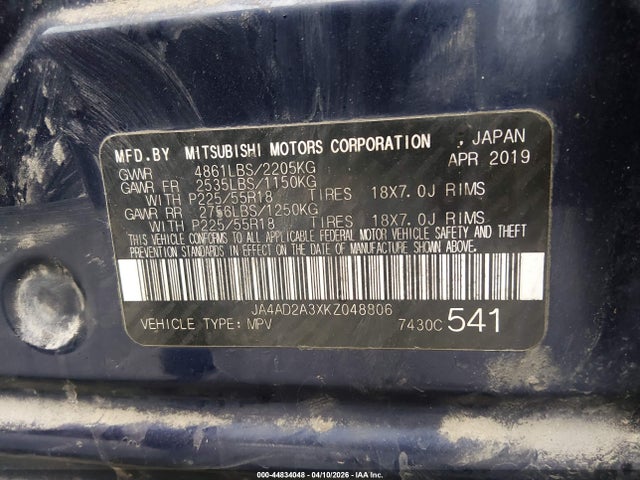 44834048 :رقم المزاد ، JA4AD2A3XKZ048806 vin ، 2019 Mitsubishi Outlander Es مزاد بيع