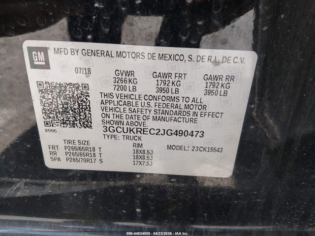 Продаж на аукціоні авто 2018 Chevrolet Silverado 1500 2lt, vin: 3GCUKREC2JG490473, номер лоту: 44834055