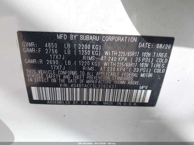 Продажа на аукционе авто 2020 Subaru Outback Premium, vin: 4S4BTACC5L3262431, номер лота: 44834056