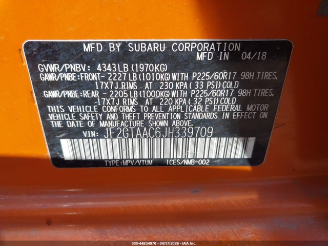 Продаж на аукціоні авто 2018 Subaru Crosstrek 2.0i, vin: JF2GTAAC6JH339709, номер лоту: 44834070