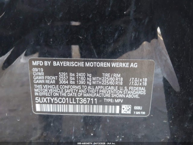 44834074 :رقم المزاد ، 5UXTY5C01LLT36711 vin ، 2020 Bmw X3 Xdrive30i مزاد بيع