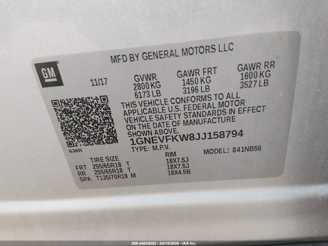 1GNEVFKW8JJ158794 Chevrolet Traverse Ls