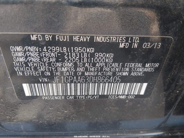 44834095 :رقم المزاد ، JF1GPAA63DH866405 vin ، 2013 Subaru Impreza Wagon 2.0i مزاد بيع