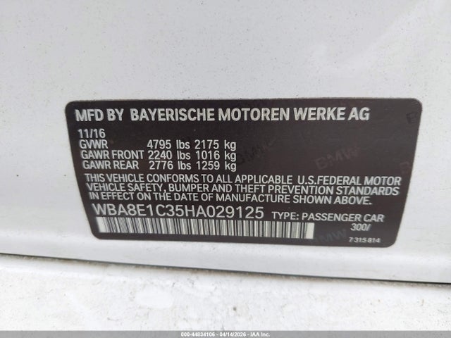 2017 Bmw 330e Iperformance მანქანა იყიდება აუქციონზე, vin: WBA8E1C35HA029125, აუქციონის ნომერი: 44834106