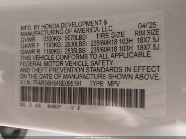 2025 Honda Cr-v Hybrid Sport მანქანა იყიდება აუქციონზე, vin: 7FARS6H54SE095191, აუქციონის ნომერი: 44834114