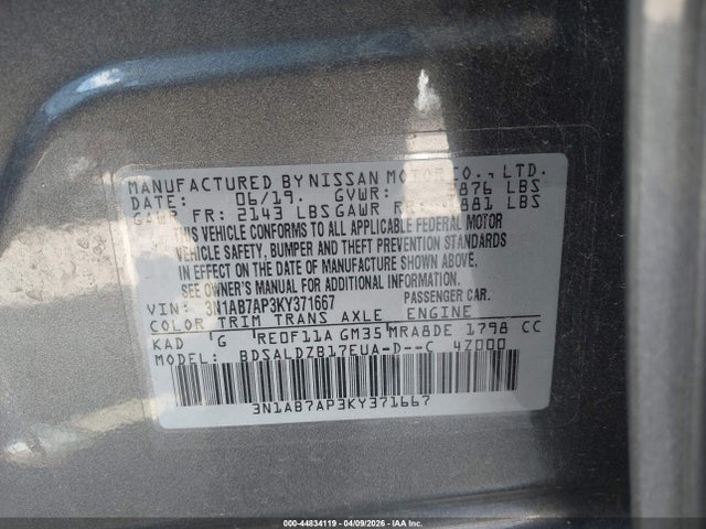 2019 Nissan Sentra Sv მანქანა იყიდება აუქციონზე, vin: 3N1AB7AP3KY371667, აუქციონის ნომერი: 44834119