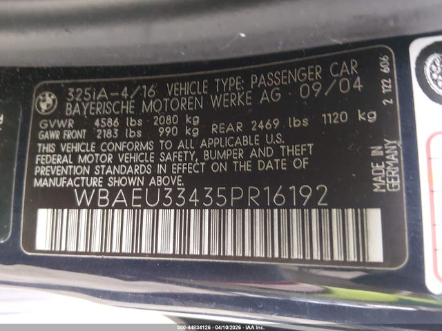 44834126 :رقم المزاد ، WBAEU33435PR16192 vin ، 2005 Bmw 325xi مزاد بيع