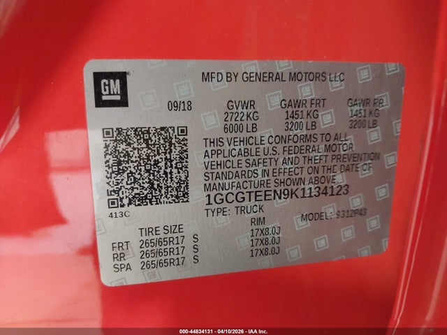 Aukcja sprzedaży 2019 Chevrolet Colorado Zr2, vin: 1GCGTEEN9K1134123, numer aukcji: 44834131