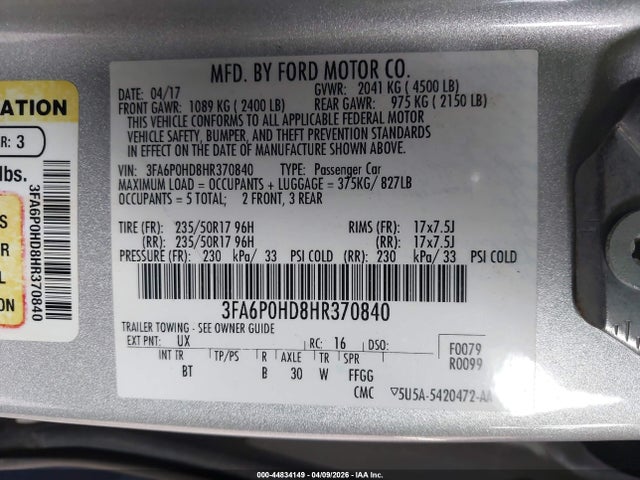 Aukcja sprzedaży 2017 Ford Fusion Se, vin: 3FA6P0HD8HR370840, numer aukcji: 44834149
