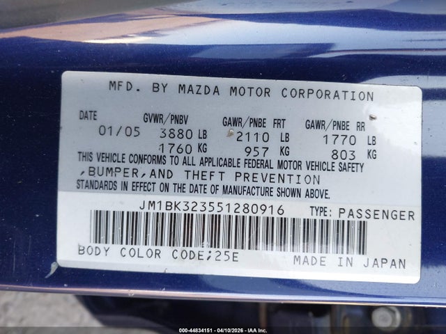 2005 Mazda Mazda3 S მანქანა იყიდება აუქციონზე, vin: JM1BK323551280916, აუქციონის ნომერი: 44834151
