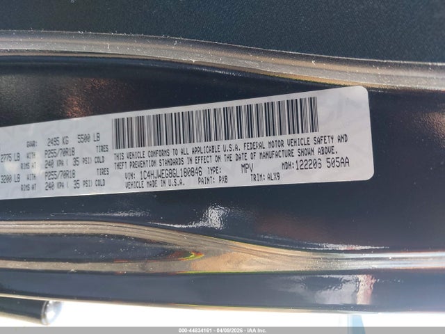 44834161 :رقم المزاد ، 1C4HJWEG8GL180846 vin ، 2016 Jeep Wrangler Unlimited Sahara مزاد بيع