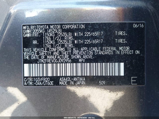 2016 Toyota Rav4 Le მანქანა იყიდება აუქციონზე, vin: JTMZFREV0GJ092956, აუქციონის ნომერი: 44834175