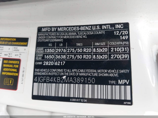44834178 :رقم المزاد ، 4JGFB4KB2MA389150 vin ، 2021 Mercedes-benz Gle 350 4matic مزاد بيع