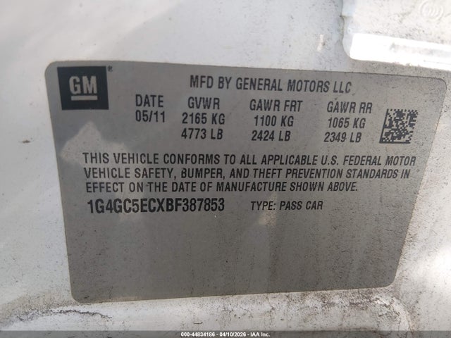 Aukcja sprzedaży 2011 Buick Lacrosse Cxl, vin: 1G4GC5ECXBF387853, numer aukcji: 44834186