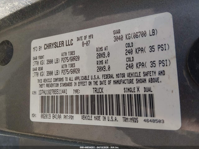 44834201 :رقم المزاد ، 1D7HU18278S511441 vin ، 2008 Dodge Ram 1500 Slt مزاد بيع