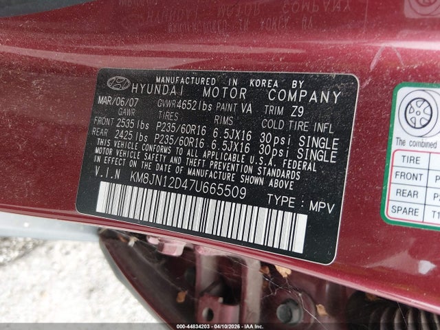 2007 HYUNDAI TUCSON KM8JN12D47U665509 Photo 8