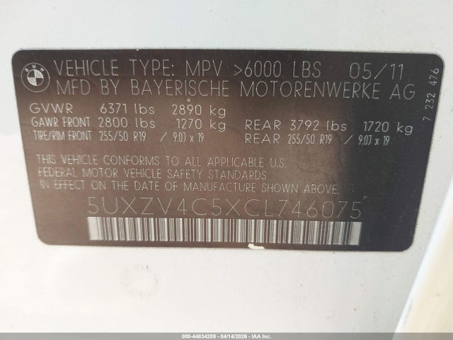 2012 Bmw X5 Xdrive35i/xdrive35i Premium/xdrive35i Sport Activity მანქანა იყიდება აუქციონზე, vin: 5UXZV4C5XCL746075, აუქციონის ნომერი: 44834209