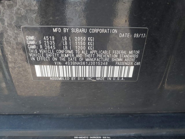2018 Subaru Legacy 2.5i Sport მანქანა იყიდება აუქციონზე, vin: 4S3BNAS61J3015348, აუქციონის ნომერი: 44834212