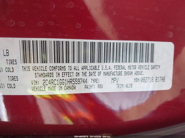 Продаж на аукціоні авто 2017 Chrysler Pacifica Limited, vin: 2C4RC1GG1HR559744, номер лоту: 44834218