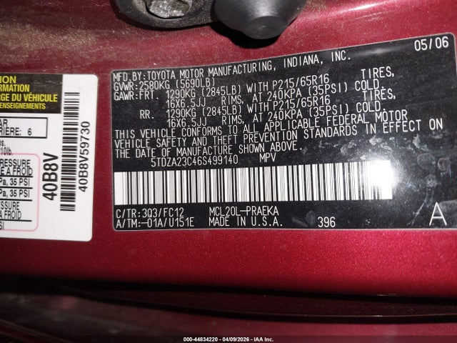 2006 TOYOTA SIENNA 5TDZA23C46S499140 Photo 8