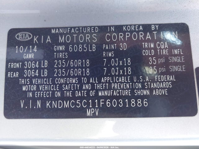 44834223 :رقم المزاد ، KNDMC5C11F6031886 vin ، 2015 Kia Sedona Sx مزاد بيع