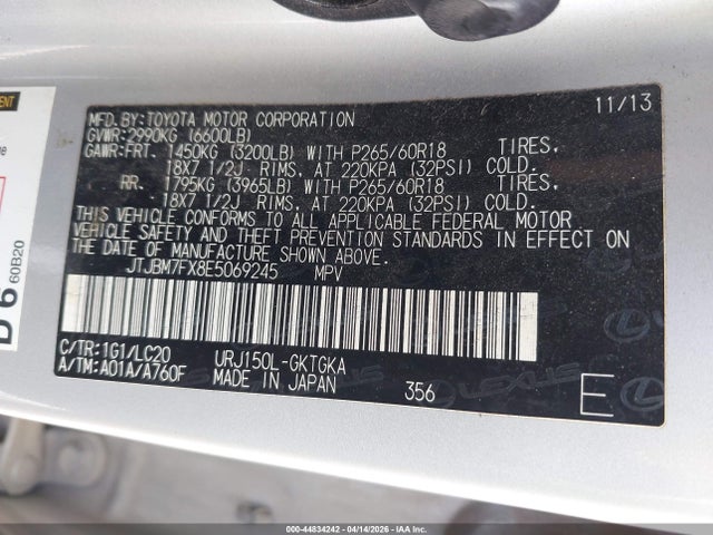 Aukcja sprzedaży 2014 Lexus Gx 460, vin: JTJBM7FX8E5069245, numer aukcji: 44834242