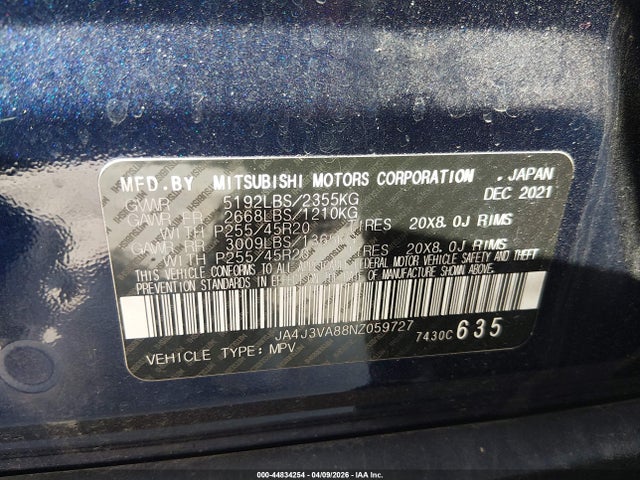 44834254 :رقم المزاد ، JA4J3VA88NZ059727 vin ، 2022 Mitsubishi Outlander Sel Special Edition 2wd مزاد بيع
