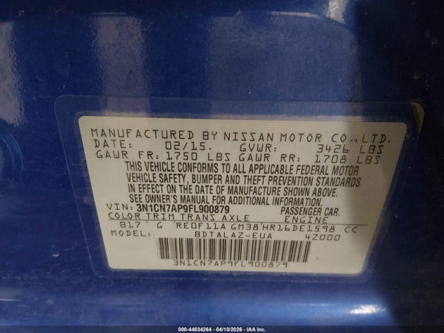 44834264 :رقم المزاد ، 3N1CN7AP9FL900879 vin ، 2015 Nissan Versa 1.6 S+ مزاد بيع