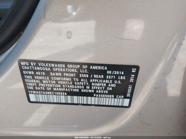 44834268 :رقم المزاد ، 1VWAS7A36EC105824 vin ، 2014 Volkswagen Passat 1.8t Wolfsburg Edition مزاد بيع