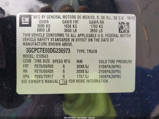 44834278 :رقم المزاد ، 3GCPCTE00DG236973 vin ، 2013 Chevrolet Silverado 1500 Ltz مزاد بيع