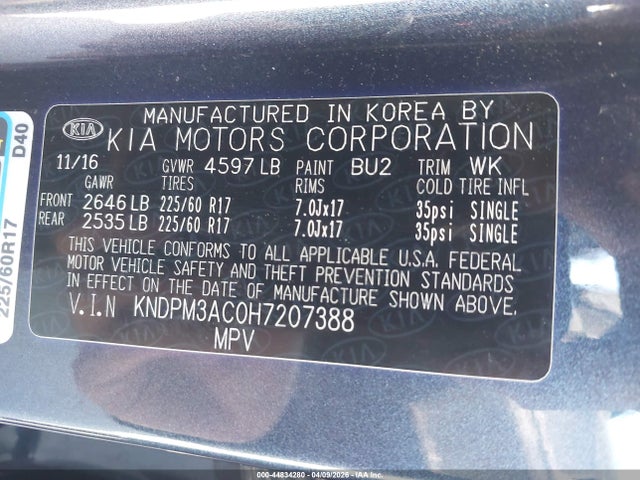 2017 Kia Sportage Lx მანქანა იყიდება აუქციონზე, vin: KNDPM3AC0H7207388, აუქციონის ნომერი: 44834280