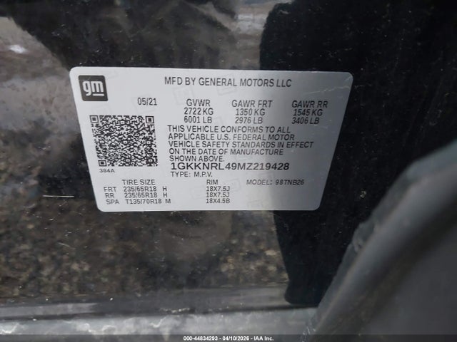 44834293 :رقم المزاد ، 1GKKNRL49MZ219428 vin ، 2021 Gmc Acadia Sle مزاد بيع