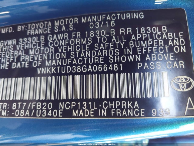 Toyota YARIS LE 2016 VNKKTUD38GA066481 Image 9