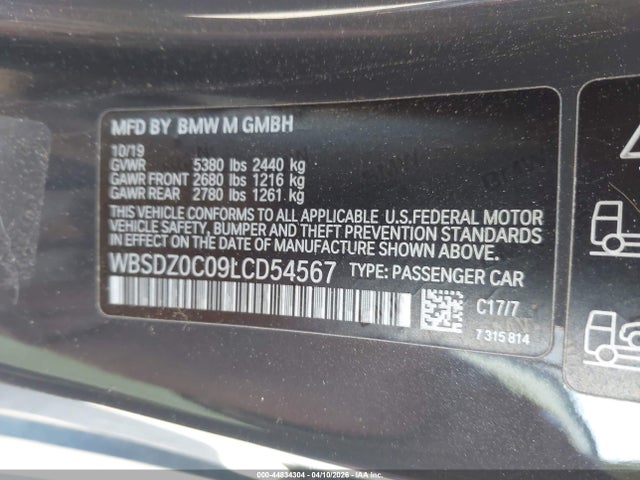 44834304 :رقم المزاد ، WBSDZ0C09LCD54567 vin ، 2020 Bmw M8 مزاد بيع