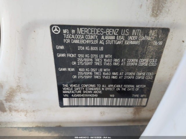 Продаж на аукціоні авто 1999 Mercedes-benz Ml 320, vin: 4JGAB54EXXA142549, номер лоту: 44834312
