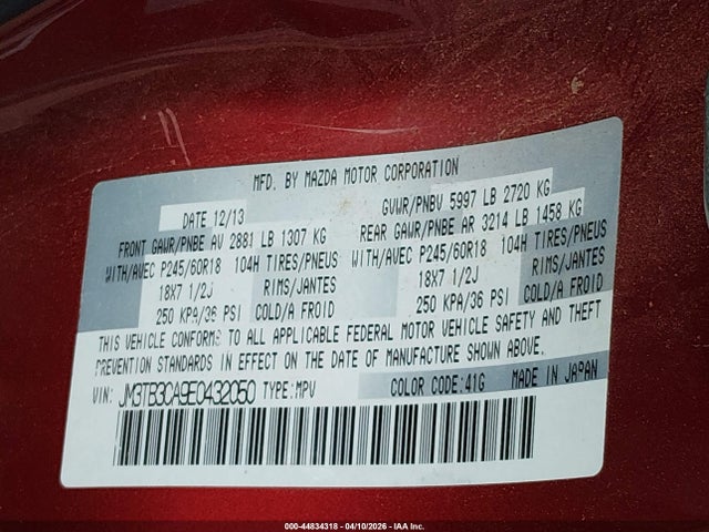 44834318 :رقم المزاد ، JM3TB3CA9E0432050 vin ، 2014 Mazda Cx-9 Touring مزاد بيع