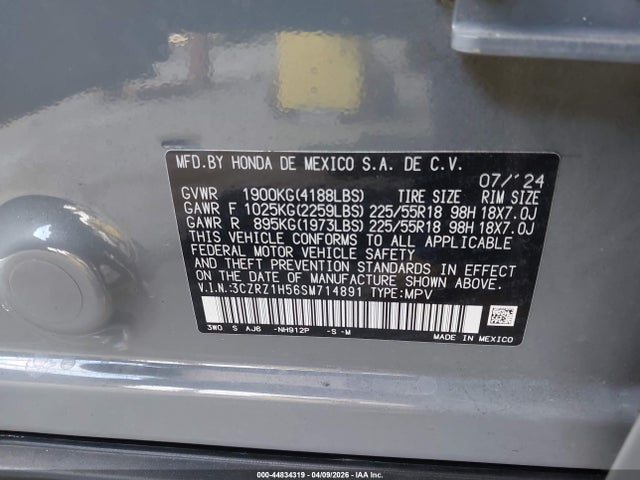 44834319 :رقم المزاد ، 3CZRZ1H56SM714891 vin ، 2025 Honda Hr-v 2wd Sport مزاد بيع