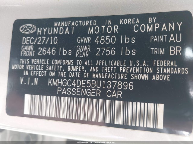Продажа на аукционе авто 2011 Hyundai Genesis 3.8, vin: KMHGC4DE5BU137896, номер лота: 44834328