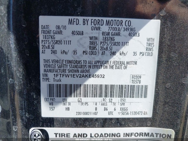 Продажа на аукционе авто 2010 Ford F-150 Fx4/harley-davidson/king Ranch/lariat/platinum/xl/xlt, vin: 1FTFW1EV2AKE45932, номер лота: 44834341