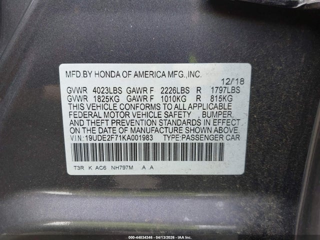 44834346 :رقم المزاد ، 19UDE2F71KA001983 vin ، 2019 Acura Ilx Premium Package/technology Package مزاد بيع