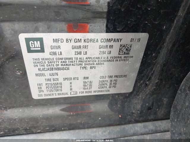 2019 Buick Encore Fwd Preferred მანქანა იყიდება აუქციონზე, vin: KL4CJASB1KB840434, აუქციონის ნომერი: 44834348